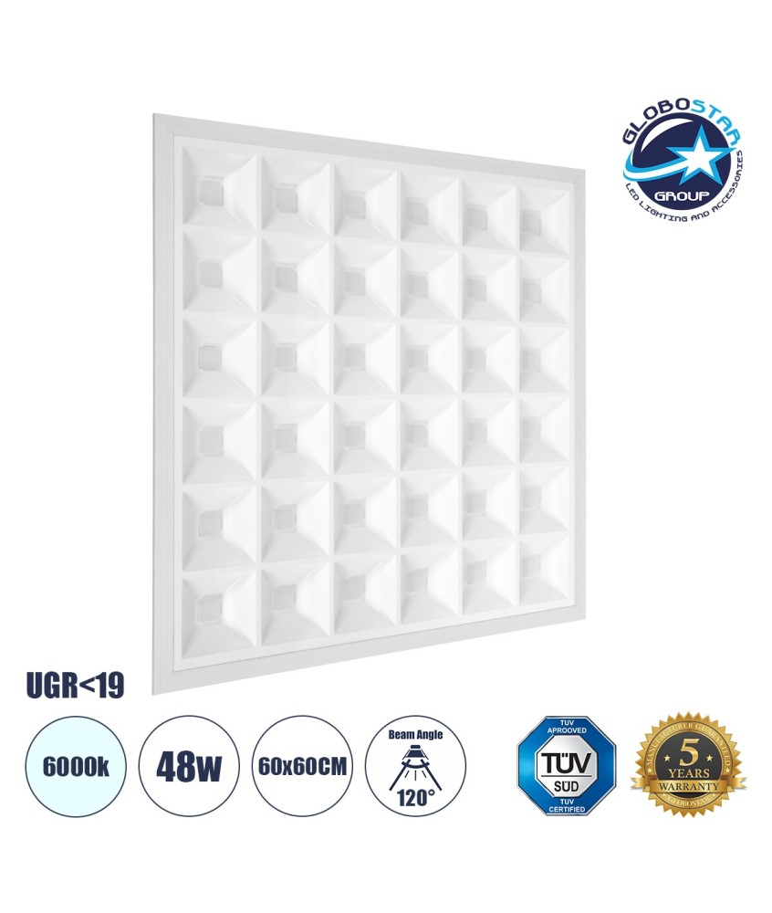 GLOBOSTAR® ZEUS 60968 Χωνευτό Panel Οροφής 60x60 με Anti Glare Reflector LED 48W 7440lm 120° CRI≥85Ra UGR 19 AC 220-240V IP20 Ψυχρό Λευκό 6000K - Lumileds SMD Chip & TÜV SÜD Driver - Λευκό Γαλακτερό - Μ60 x Π60 x Υ3.3cm - Q56 x 56cm - 5 Χρόνια Εγγύηση